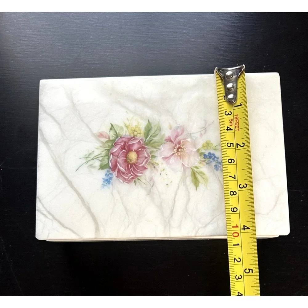 Vintage Italian Alabaster Stone Floral Trinket Jewelry Box Handcrafted 6x4